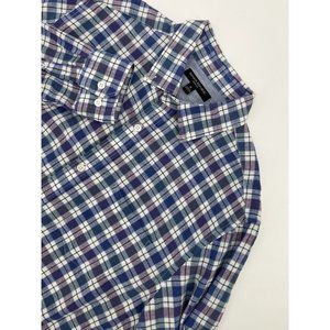BANANA REPUBLIC Plaid Shirt Men Sz Medium M Linen Cotton‎ Purple Blue Slim Fit